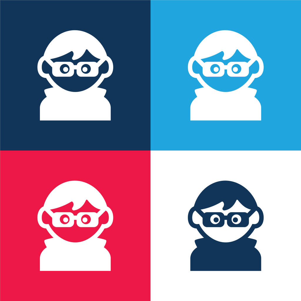 Boy With Eyeglasses, Dark Clothes And Hair blue and red four color minimal icon set - Vector, Image