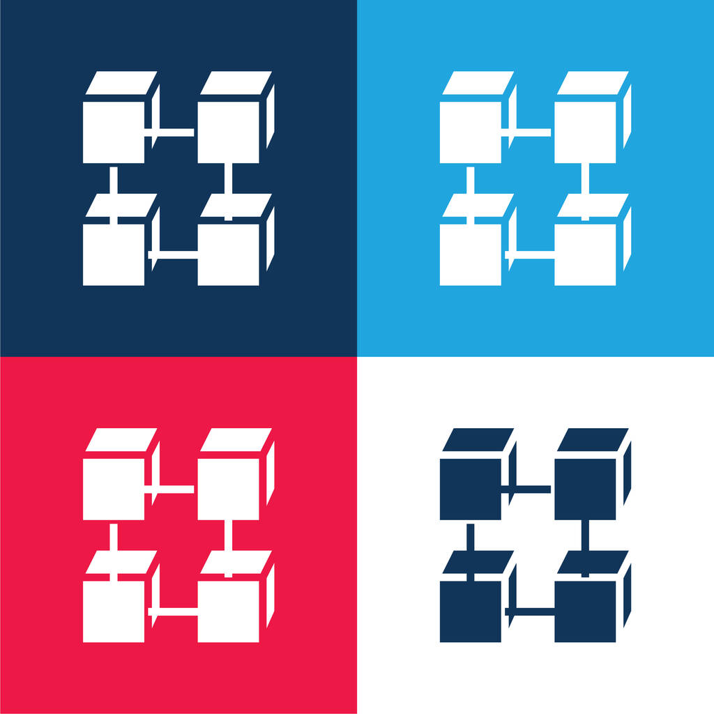 Blockchain blauw en rood vier kleuren minimale pictogram set - Vector, afbeelding