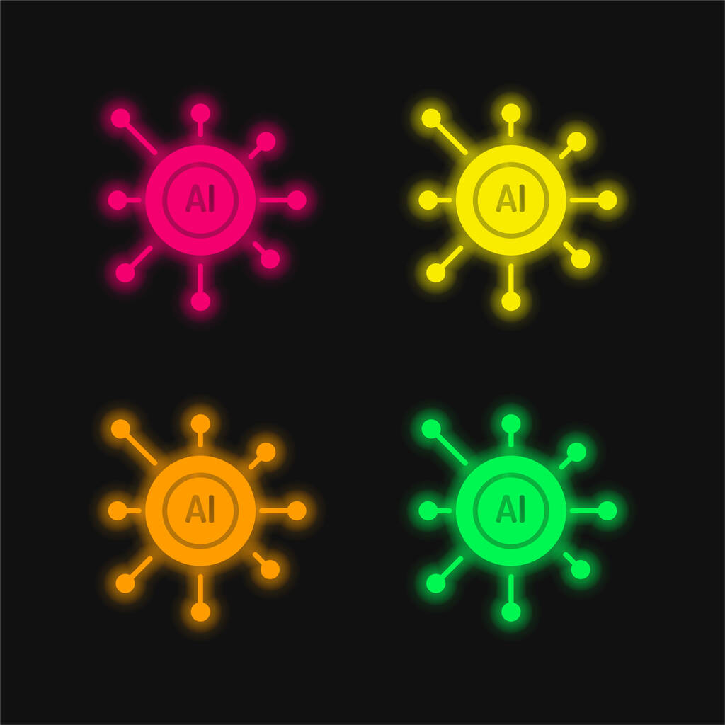 Künstliche Intelligenz vier Farben leuchtenden Neon-Vektor-Symbol - Vektor, Bild