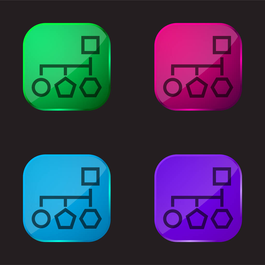 Esquema de bloques de formas geométricas básicas icono de botón de cristal de cuatro colores - Vector, Imagen