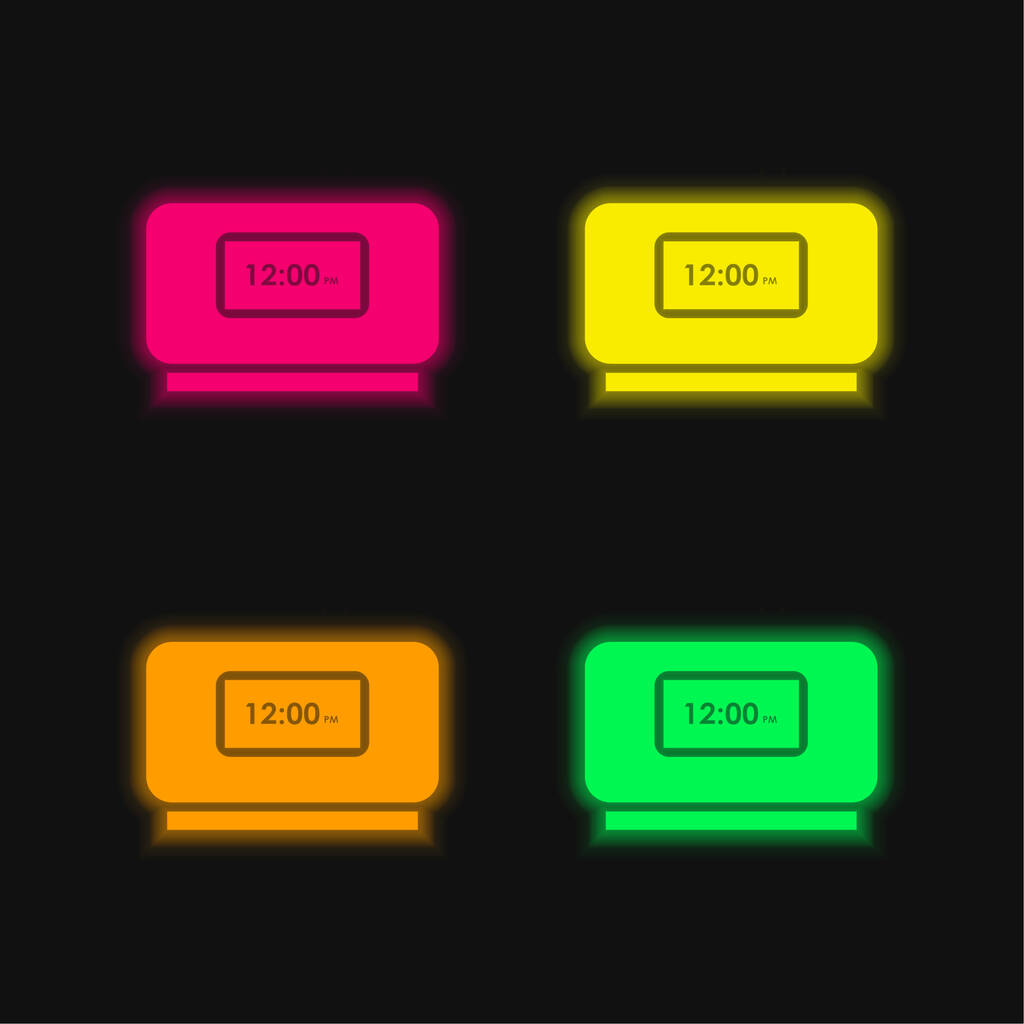 Reloj de alarma de cuatro colores brillante icono de vectores de neón - Vector, imagen