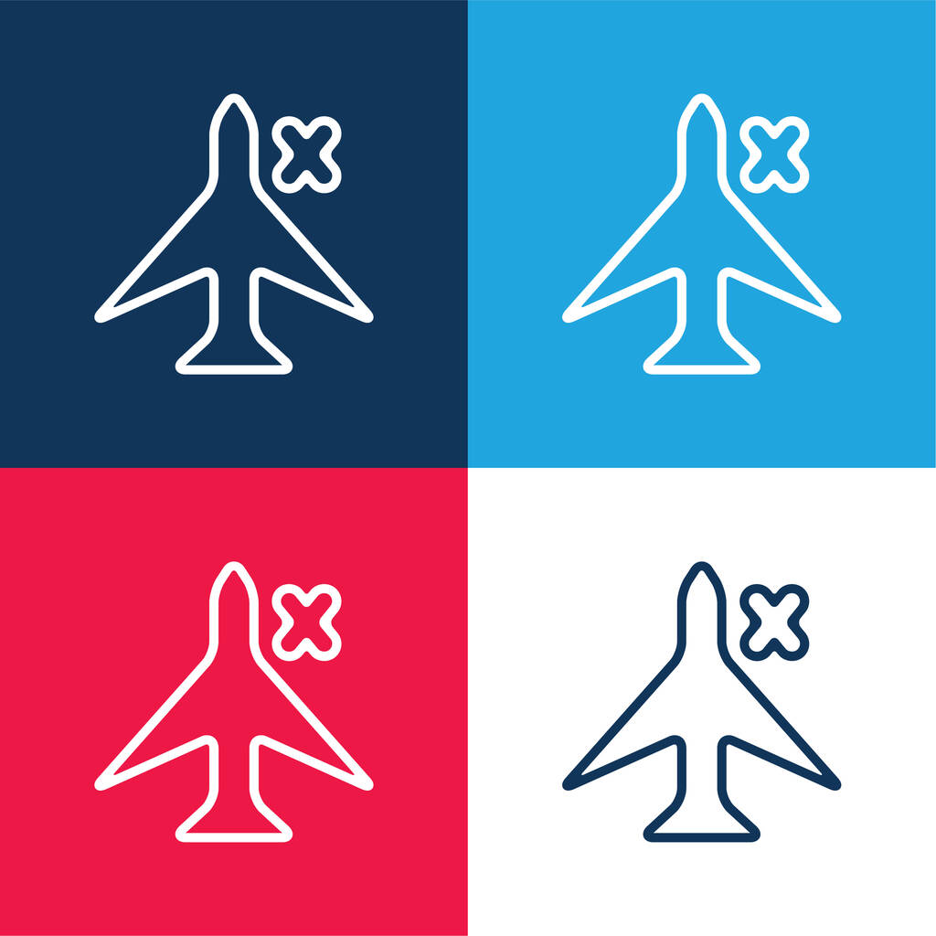 Знак самолета с крестом для телефона интерфейс синий и красный четыре цвета минимальный набор значков - Вектор,изображение