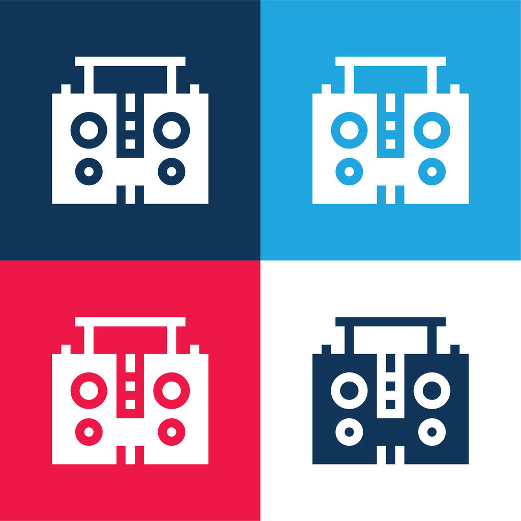 Boombox azul e vermelho conjunto de ícones mínimos de quatro cores - Vetor, Imagem