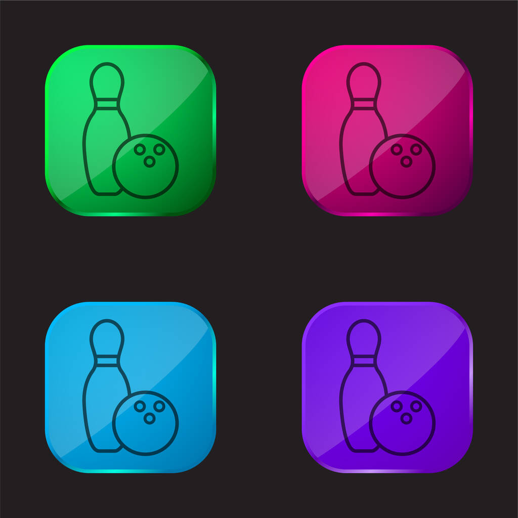 Bowling Bowl και μπάλα περίγραμμα τέσσερις εικονίδιο κουμπί γυαλί χρώμα - Διάνυσμα, εικόνα
