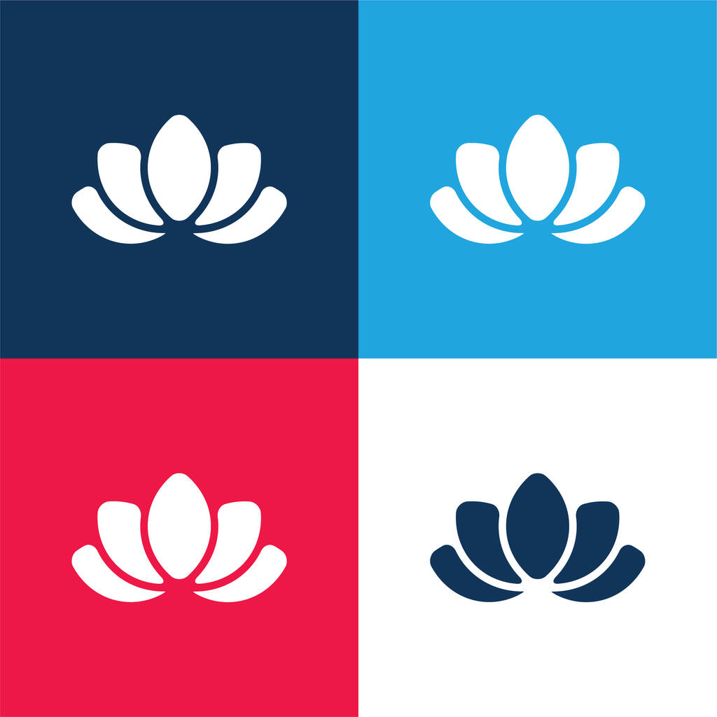 Hermosa flor de loto azul y rojo conjunto de iconos mínimo de cuatro colores - Vector, imagen