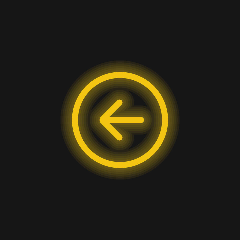 Powrót Lewa strzałka Okrągły przycisk Zarys żółty świecący neon ikona - Wektor, obraz