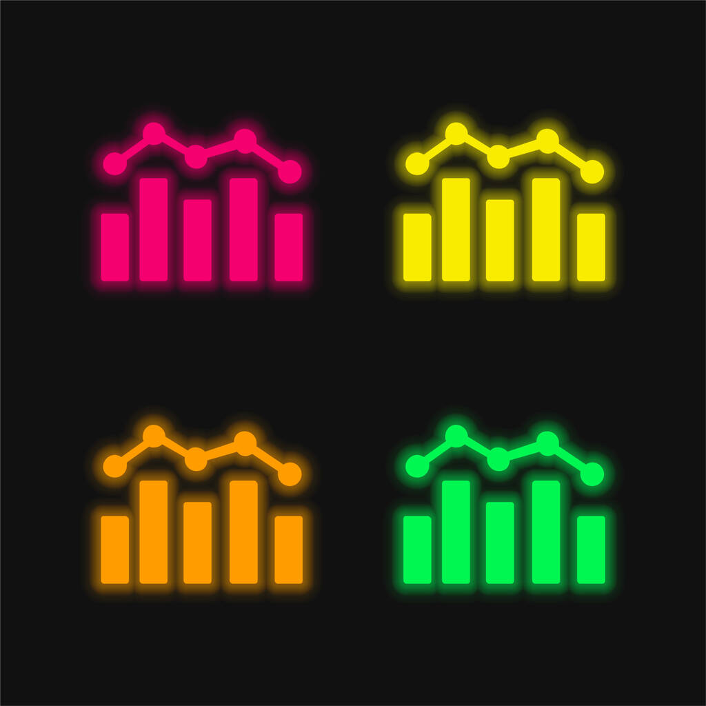 Bar Chart And Polyline four color glowing neon vector icon - Vector, Image