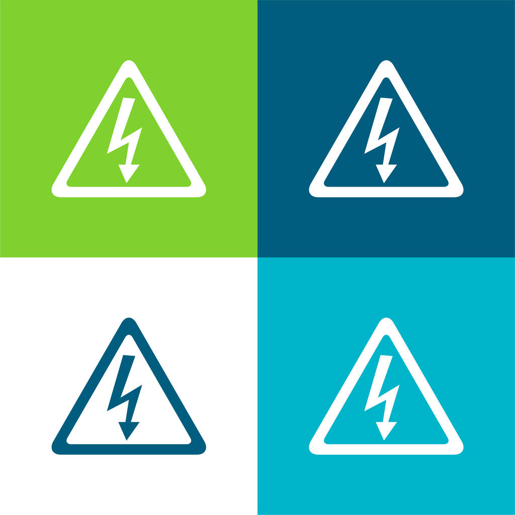 Señal de perno de flecha de riesgo de choque eléctrico en forma triangular plana de cuatro colores mínimo icono conjunto - Vector, imagen