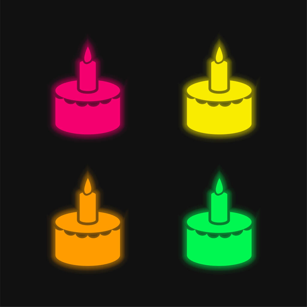Verjaardagstaart met kaars vier kleuren gloeiende neon vector pictogram - Vector, afbeelding