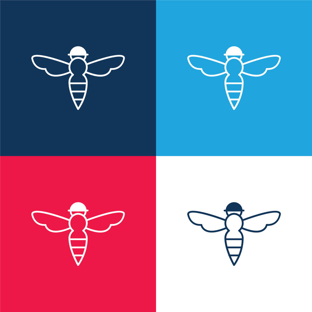 Abeille avec Sting Outline bleu et rouge quatre couleurs ensemble d'icône minimale - Vecteur, image