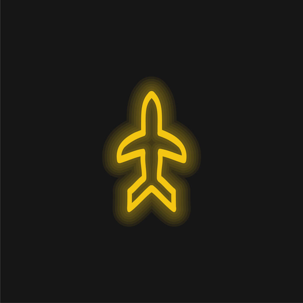 Handgezeichnete Umrisse des Flugzeugs zeigen auf gelb leuchtendes Neon-Symbol - Vektor, Bild