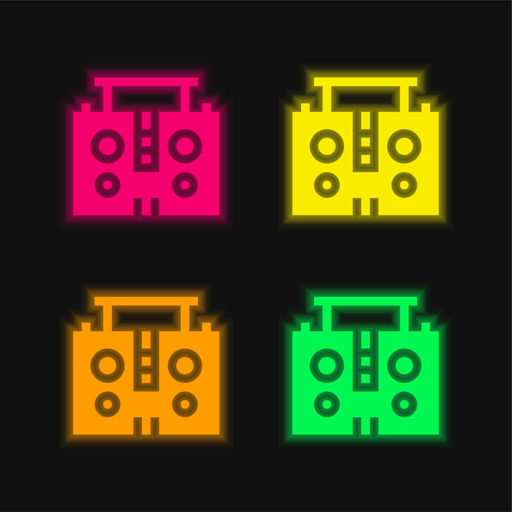 Boombox cuatro color brillante icono de vectores de neón - Vector, Imagen