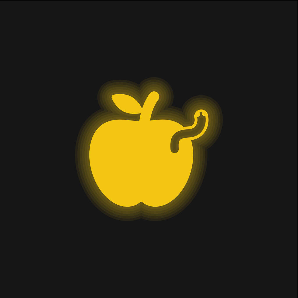 Manzana con gusano amarillo brillante icono de neón - Vector, Imagen
