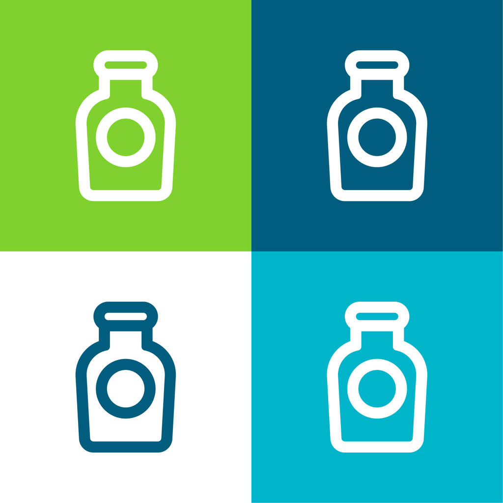 Esquema de botella con etiqueta circular Plano conjunto de iconos mínimo de cuatro colores - Vector, Imagen