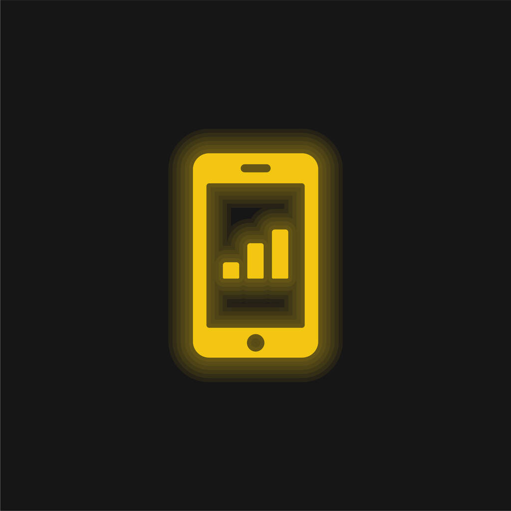 Balken Grafik auf Tablet-Bildschirm gelb leuchtende Neon-Symbol - Vektor, Bild
