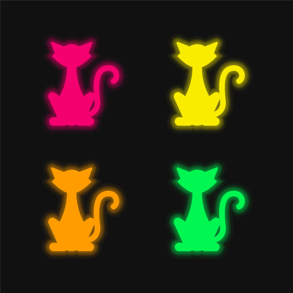 Fekete Macska négy szín izzó neon vektor ikon - Vektor, kép