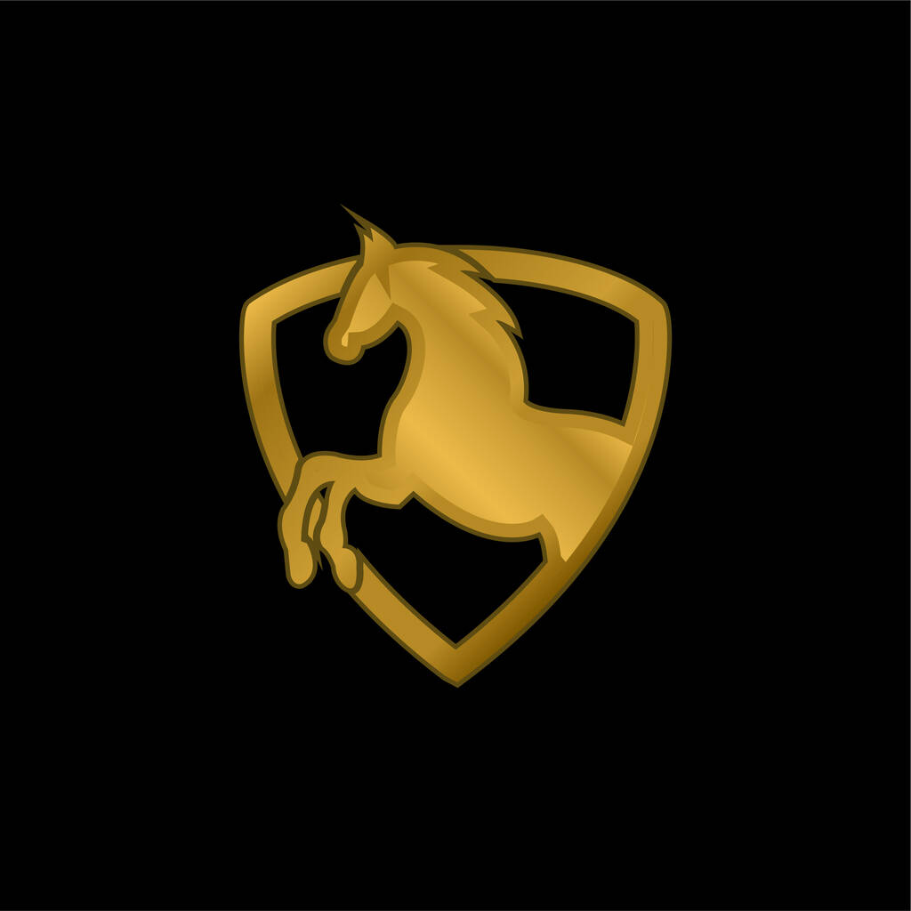 Część Czarny koń w obrysie tarczy złocona metaliczna ikona lub wektor logo - Wektor, obraz