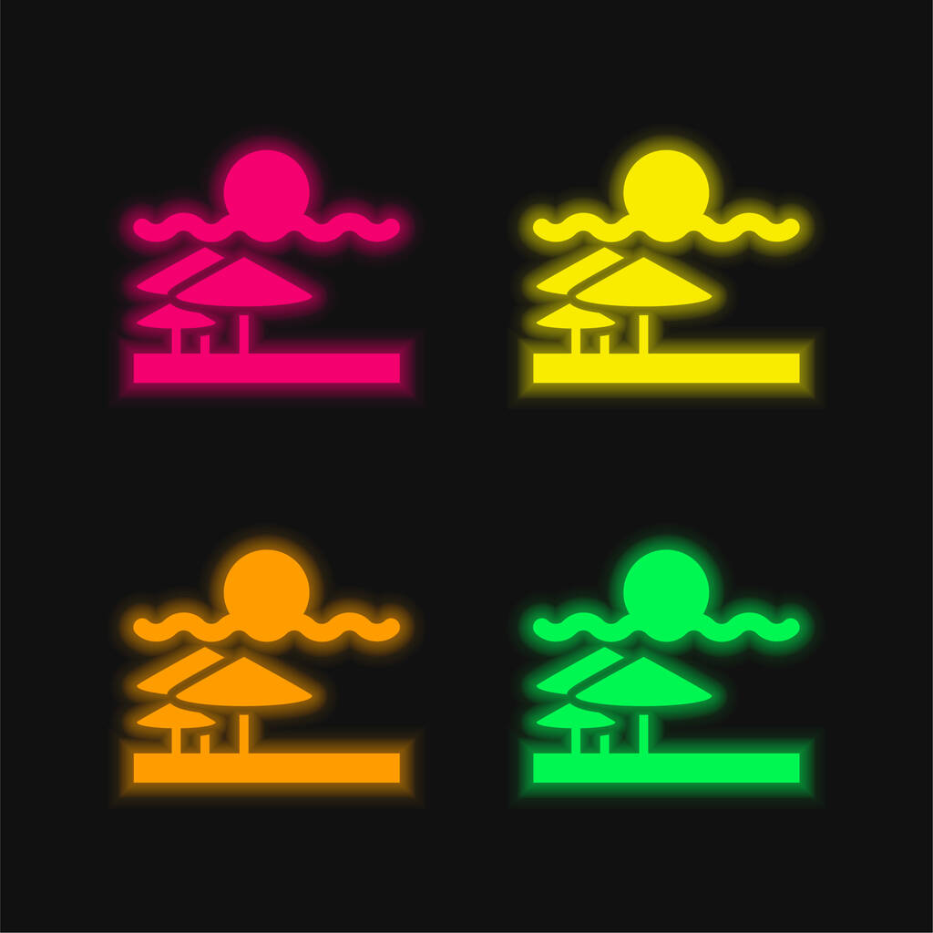 ビーチビュー4色の輝くネオンベクトルアイコン - ベクター画像
