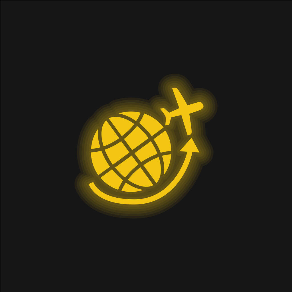 地球の周りを飛ぶ飛行機グリッド黄色の輝くネオンアイコン - ベクター画像