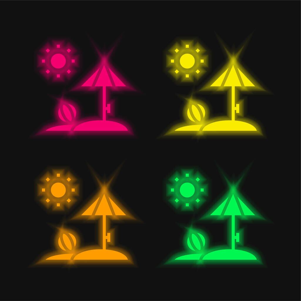 Pláž čtyři barvy zářící neonový vektor ikona - Vektor, obrázek