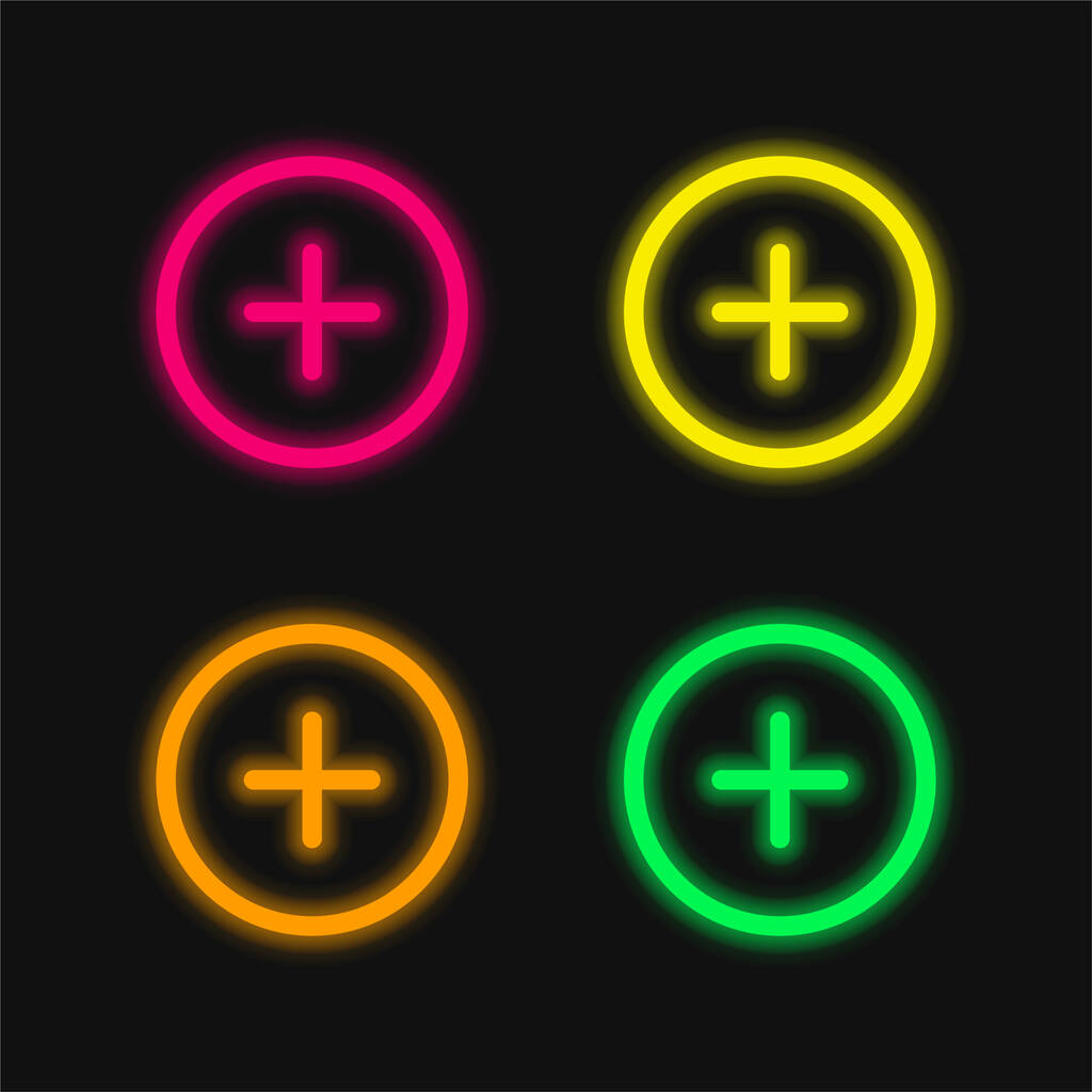 Dodaj okrągły zarysowany przycisk cztery kolory świecące neon wektor ikona - Wektor, obraz