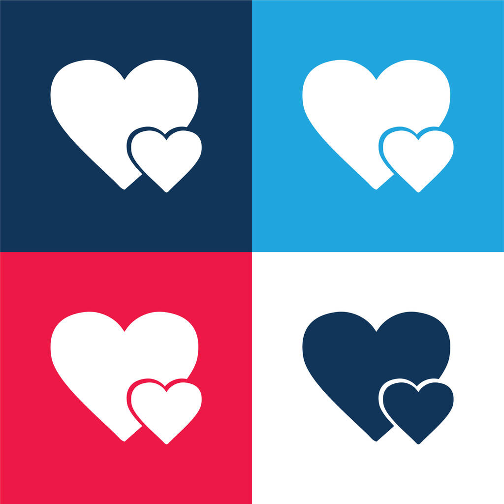 Big Heart And Little Heart kék és piros négy szín minimális ikon készlet - Vektor, kép
