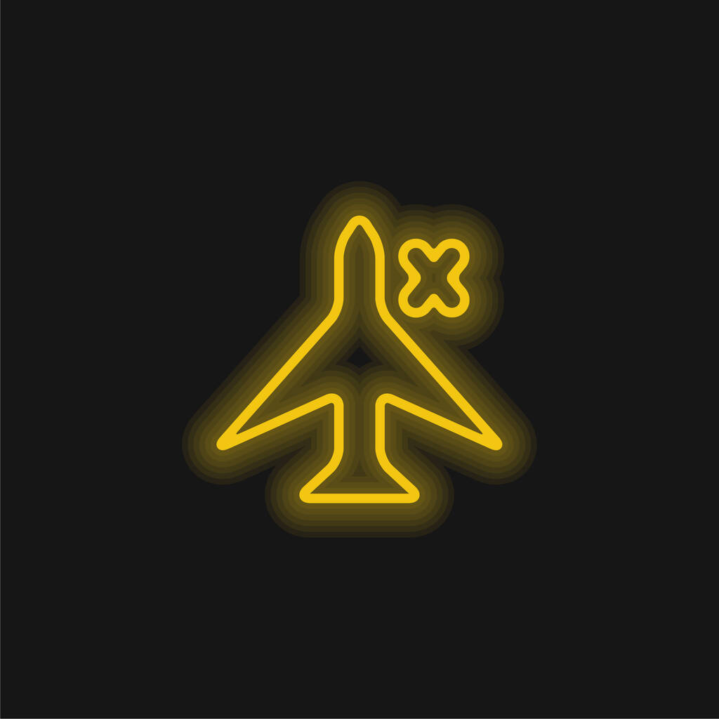 Знак самолета с крестом для интерфейса телефона желтый светящийся неоновый значок - Вектор,изображение