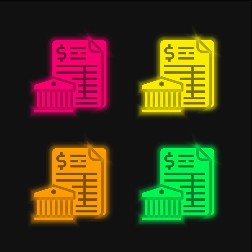 Estado de cuenta del banco icono de vectores de neón brillante de cuatro colores - Vector, Imagen