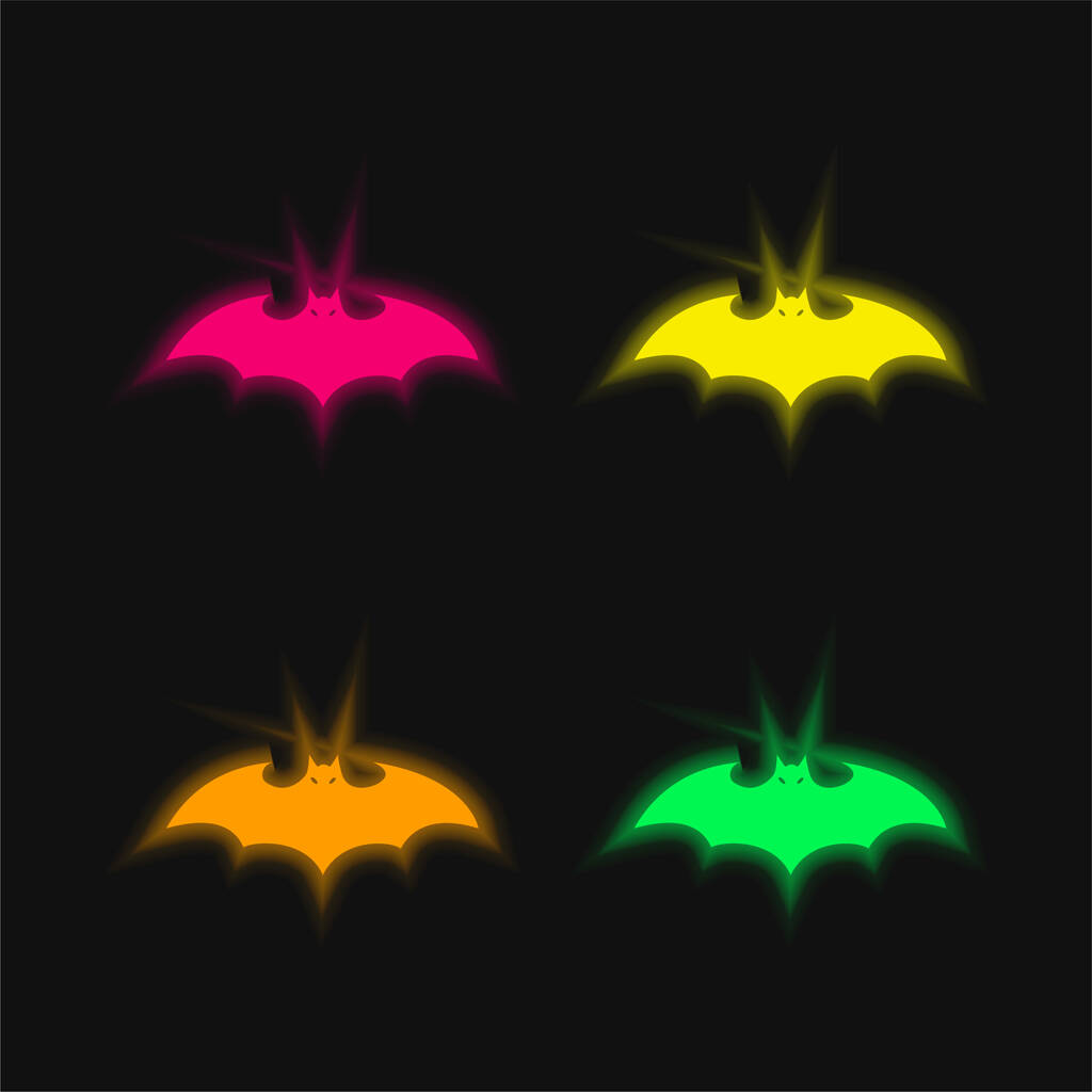 Fledermaus Silhouette mit verlängerten Flügeln vier Farben leuchtenden Neon-Vektor-Symbol - Vektor, Bild