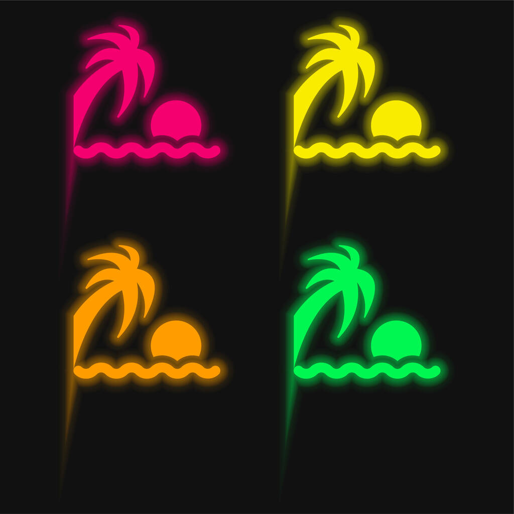 Plaża Zachód słońca cztery kolory świecące neon wektor ikona - Wektor, obraz