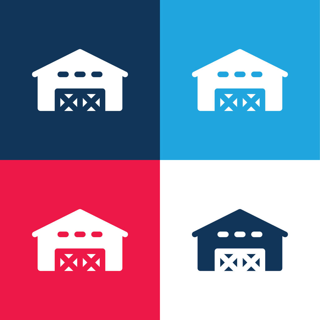 Barn modrá a červená čtyři barvy minimální ikona nastavena - Vektor, obrázek