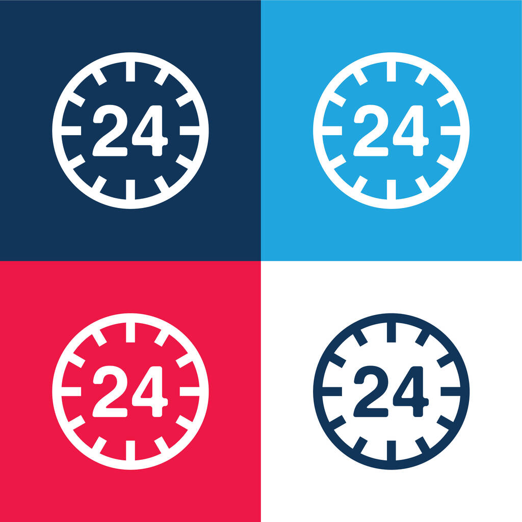 24 Horas Circular Sign azul y rojo conjunto de iconos mínimo de cuatro colores - Vector, imagen