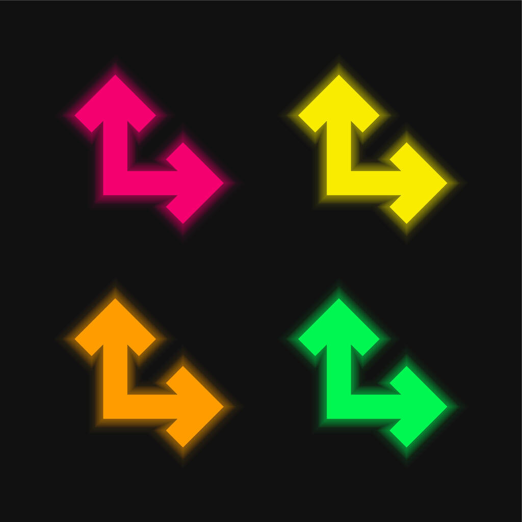 Flechas en ángulo recto cuatro color brillante icono de vectores de neón - Vector, imagen