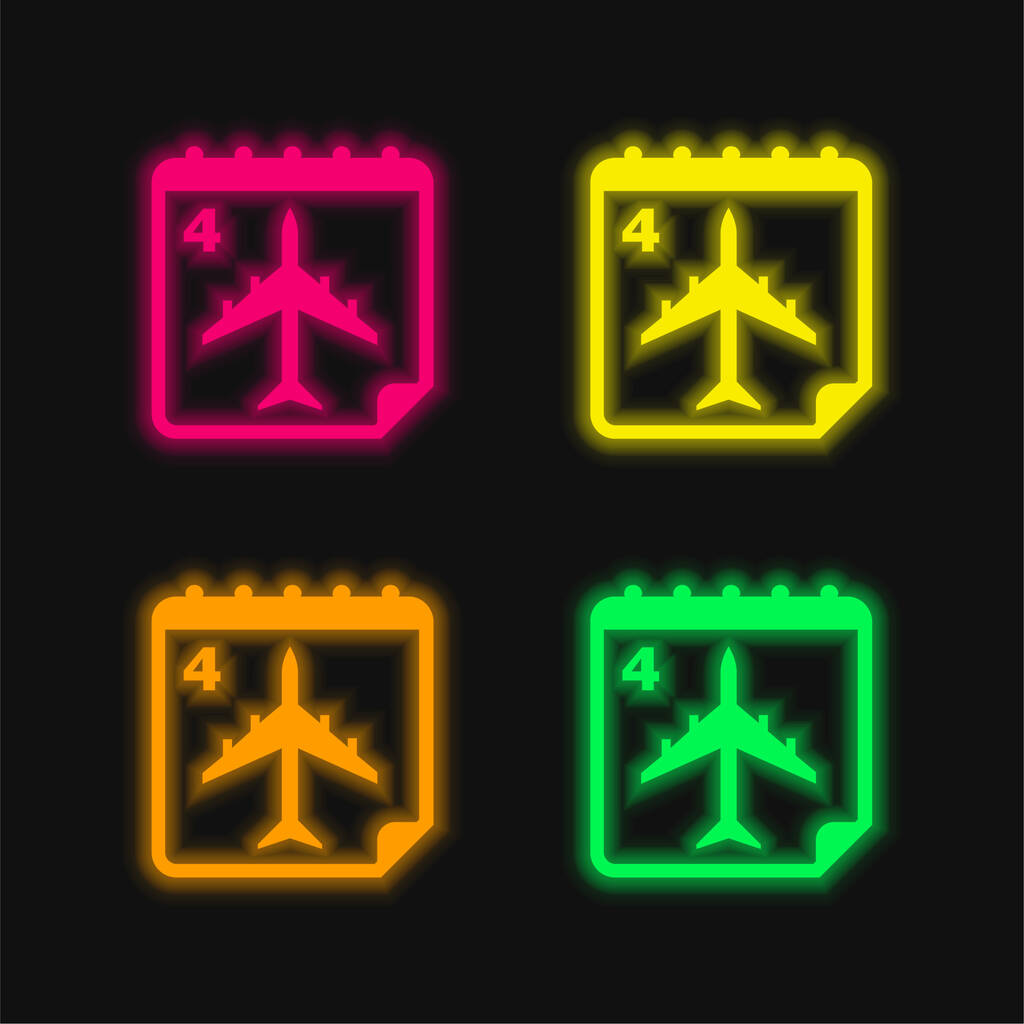 Літак День подорожі На сторінці з номером 4 Календар чотири кольорові світяться неонові векторні значки
 - Вектор, зображення