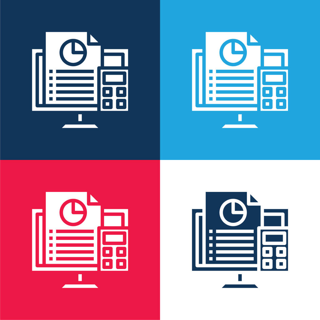 Rachunkowość niebieski i czerwony zestaw czterech kolorów minimalny zestaw ikon - Wektor, obraz