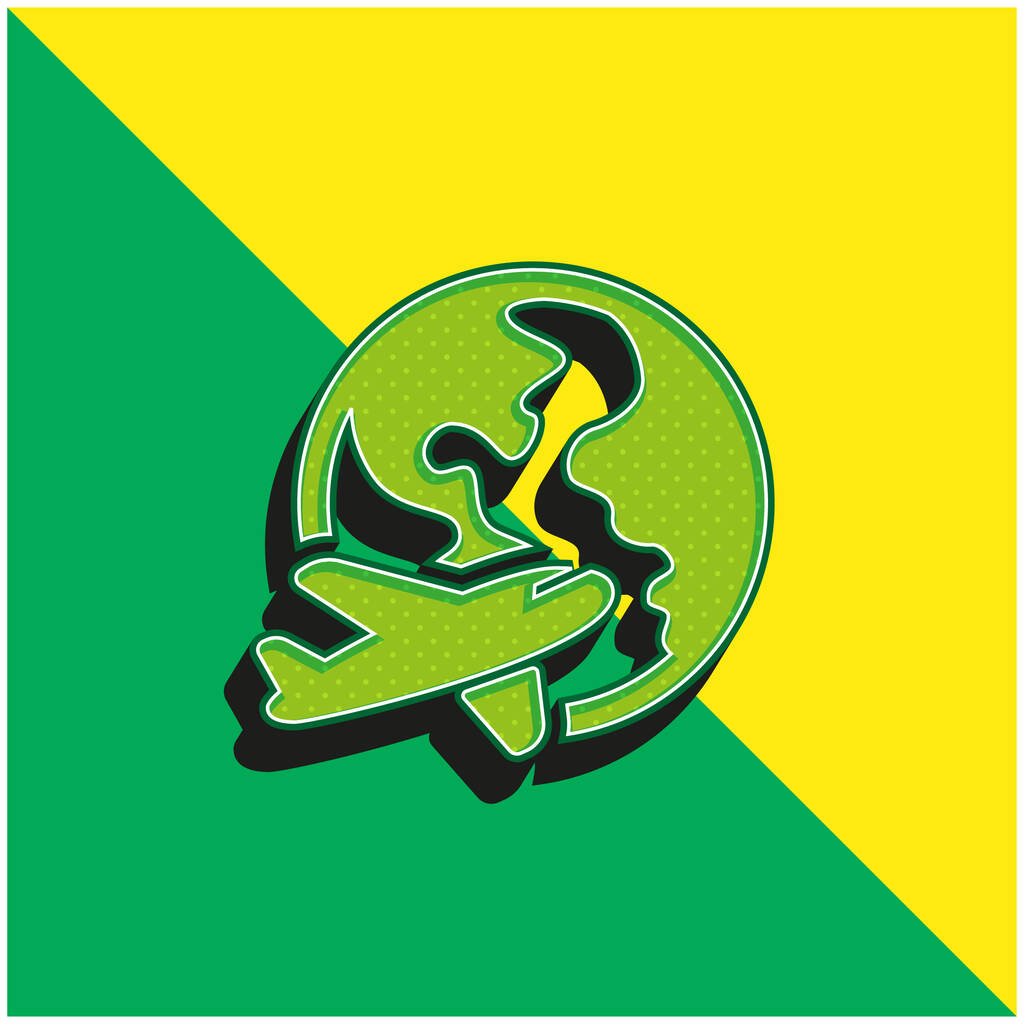 Самолет вокруг Земли Зеленый и желтый современный трехмерный векторный логотип - Вектор,изображение