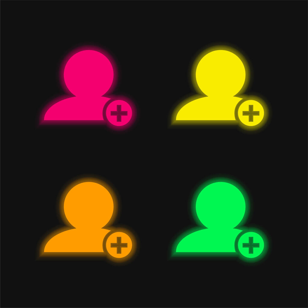 Adicionar Interface de pessoas Símbolo de pessoa negra Fechar com mais sinal em círculo pequeno ícone de vetor de néon brilhante de quatro cores - Vetor, Imagem