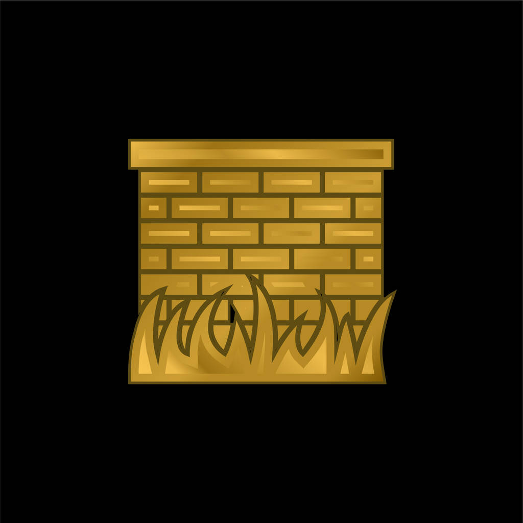 Ladrillos pared con hojas de hierba Frontera chapado en oro icono metálico o logo vector - Vector, imagen