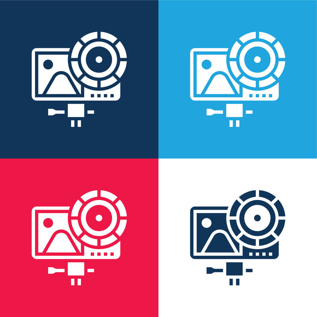 Acción Cámara azul y rojo de cuatro colores mínimo icono conjunto - Vector, Imagen
