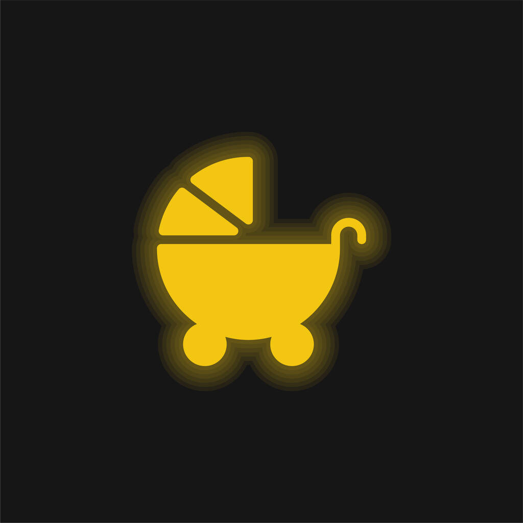 赤ちゃんベビーカー黄色の輝くネオンアイコン - ベクター画像