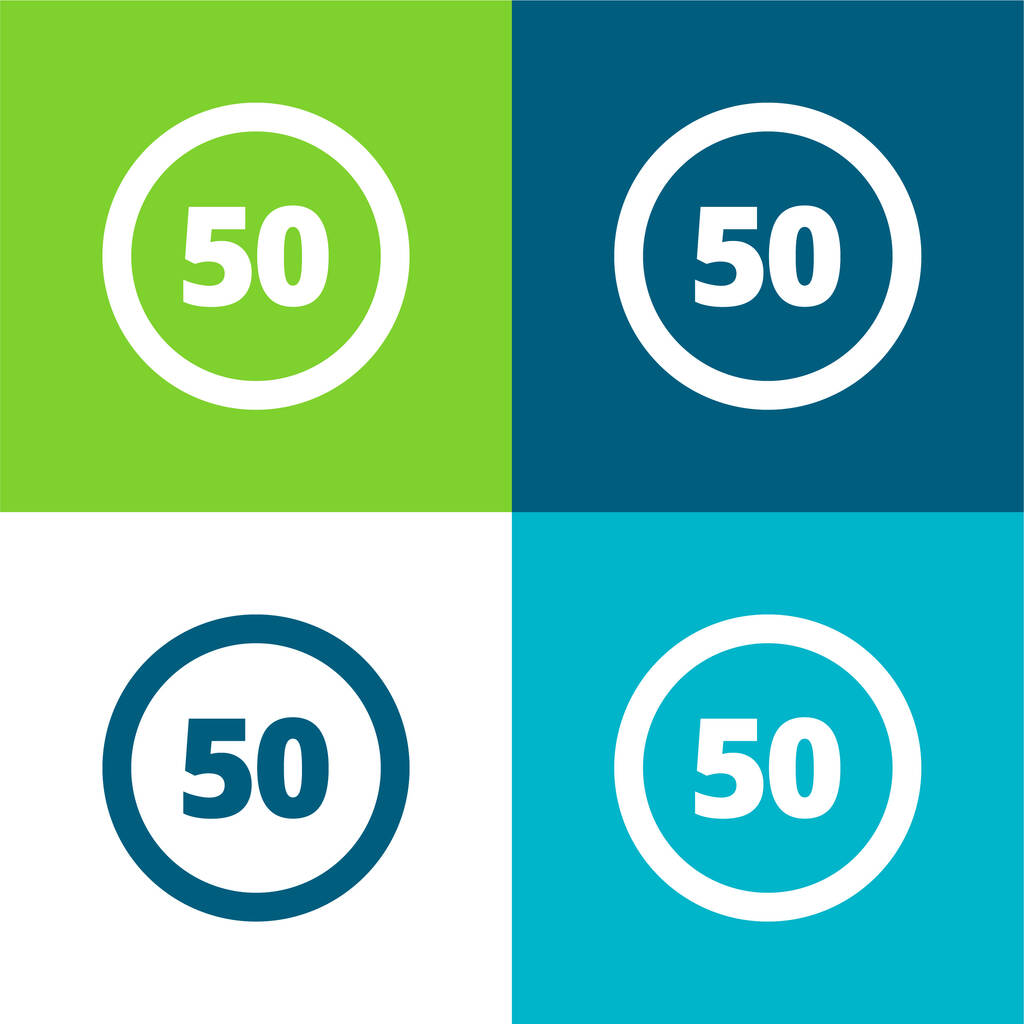 50 Ograniczenie prędkości Znak płaski cztery kolory minimalny zestaw ikon - Wektor, obraz