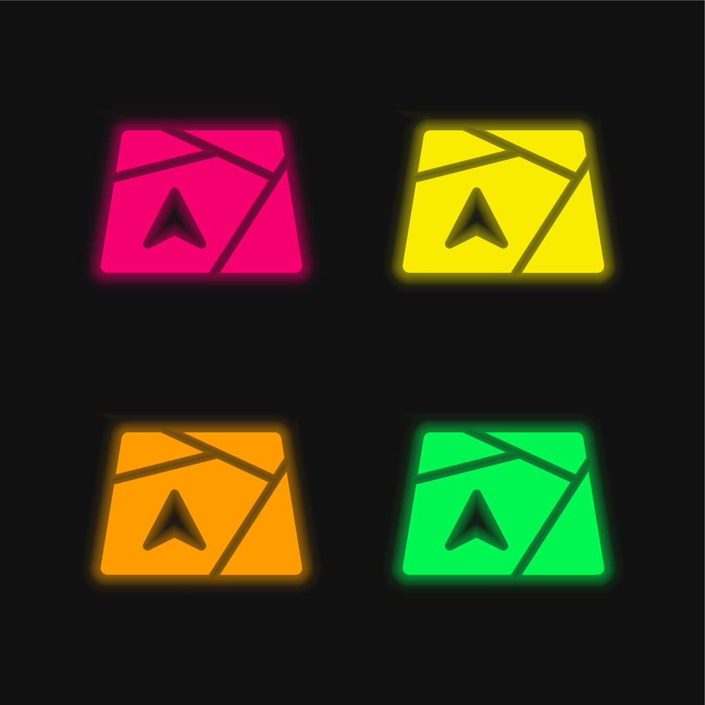 Pfeil auf Karte leuchtendes Neon-Vektorsymbol in vier Farben - Vektor, Bild