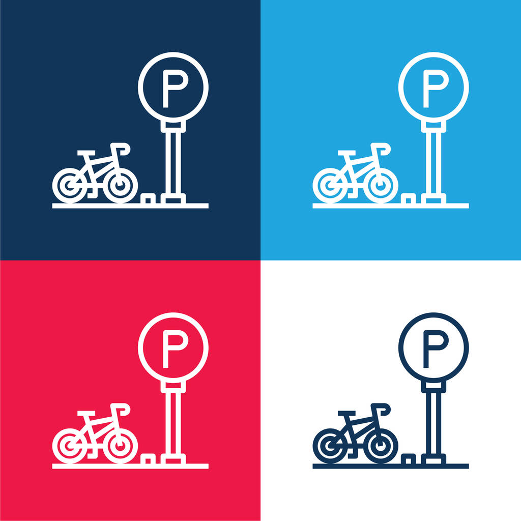 Ποδήλατο στάθμευσης μπλε και κόκκινο τεσσάρων χρωμάτων ελάχιστο σύνολο εικονιδίων - Διάνυσμα, εικόνα