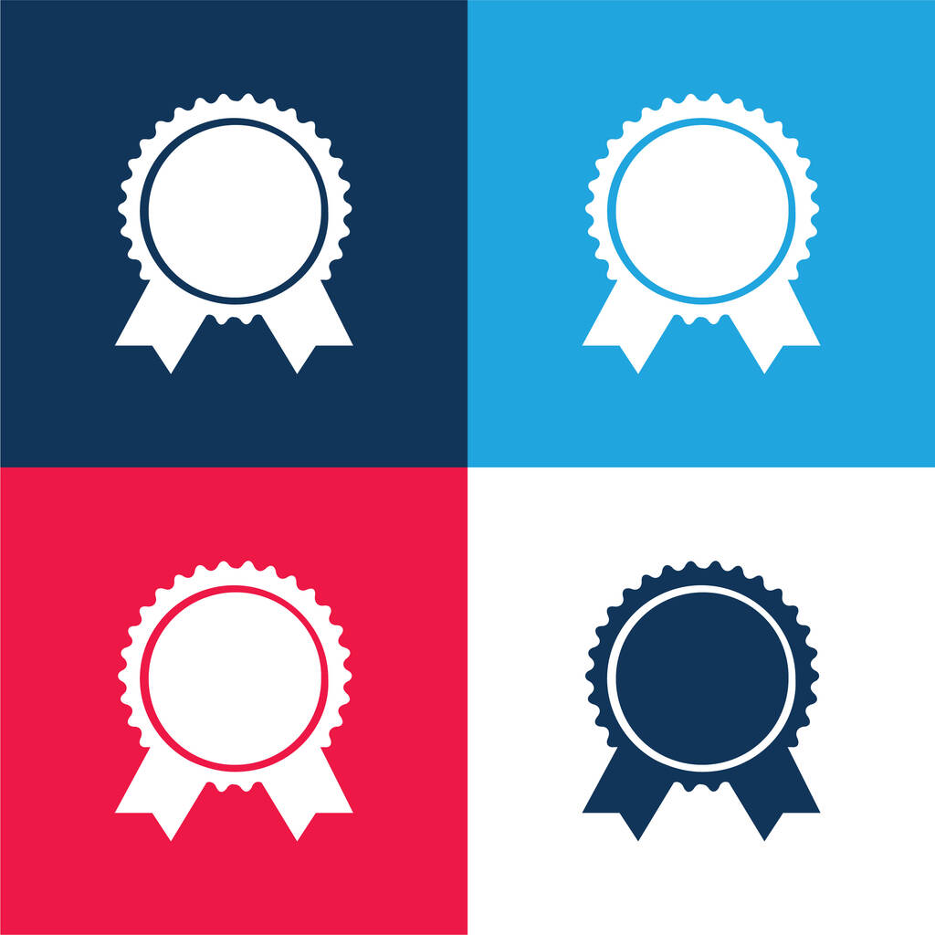 Insigne de récompense de forme circulaire avec des queues de ruban bleu et rouge ensemble d'icônes minimales de quatre couleurs - Vecteur, image