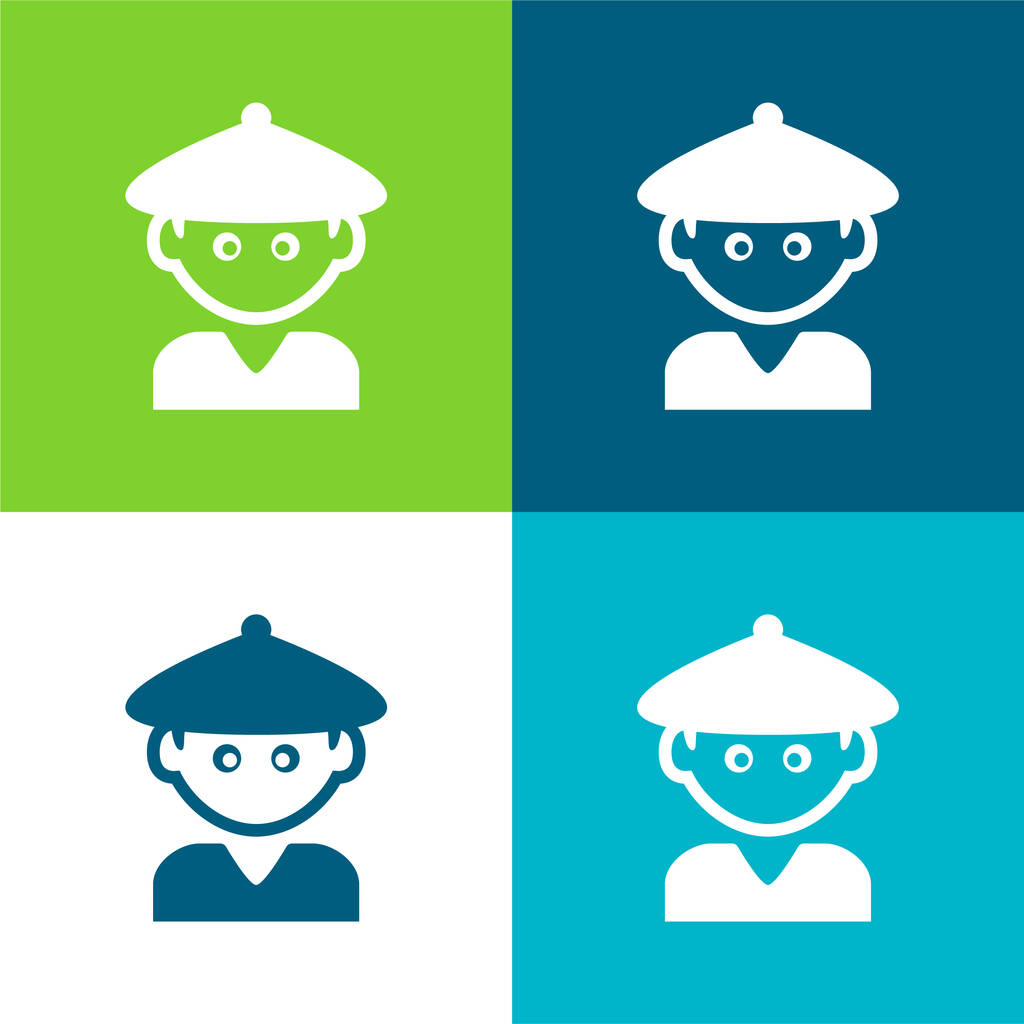 Boy With Chinese Hat Flat four color minimal icon set - Vector, Image