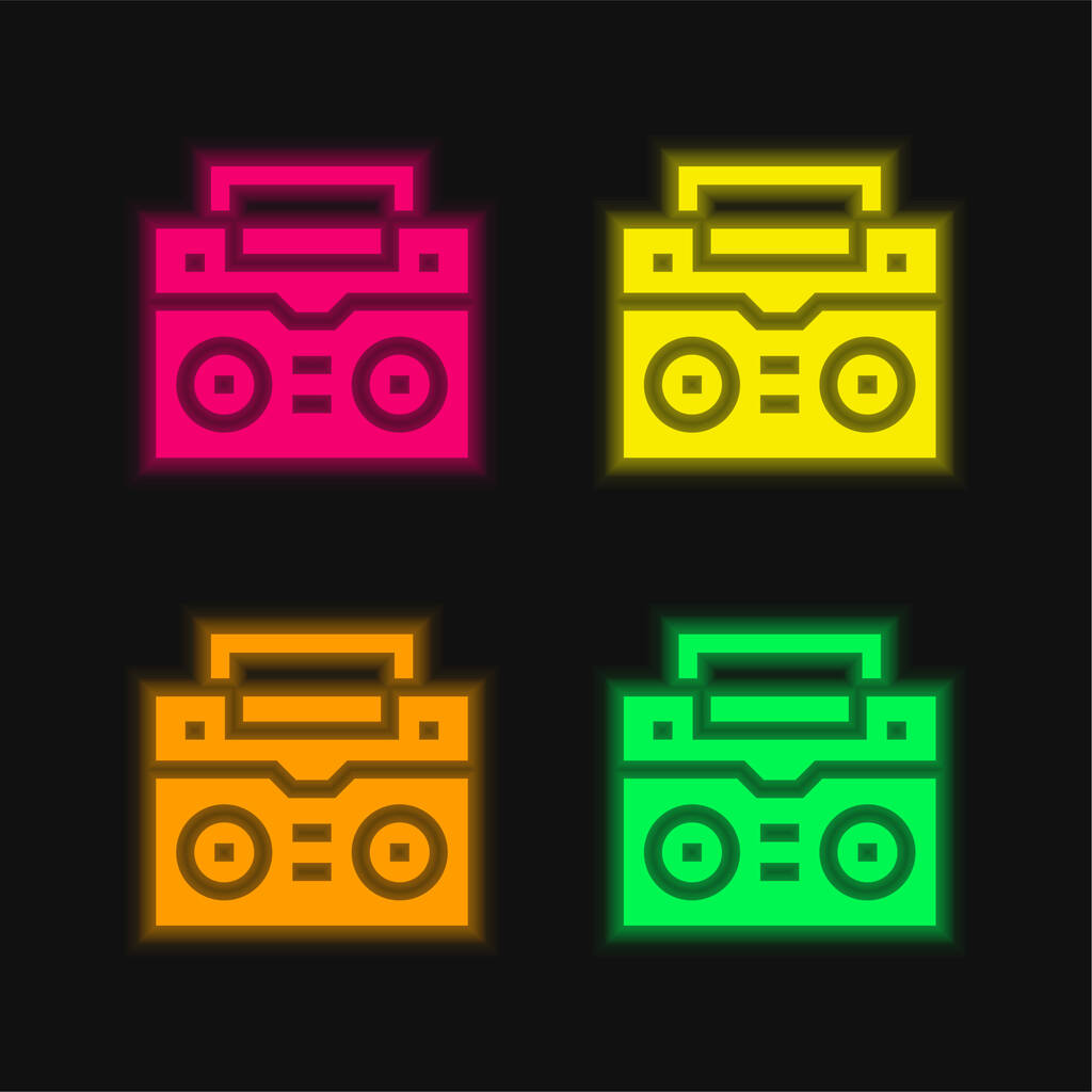 Boombox quatre couleurs rougeoyantes icône vectorielle néon - Vecteur, image