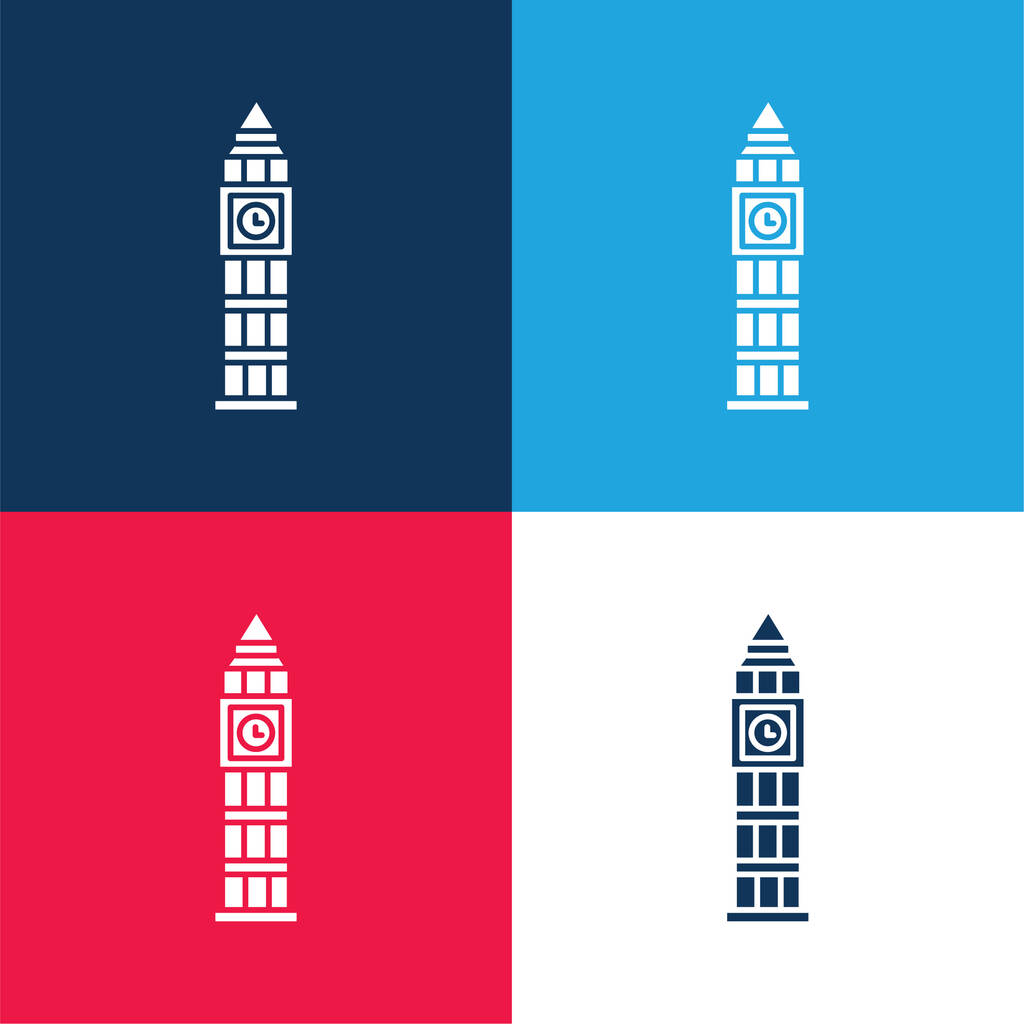 Big Ben μπλε και κόκκινο τεσσάρων χρωμάτων ελάχιστο σύνολο εικονιδίων - Διάνυσμα, εικόνα