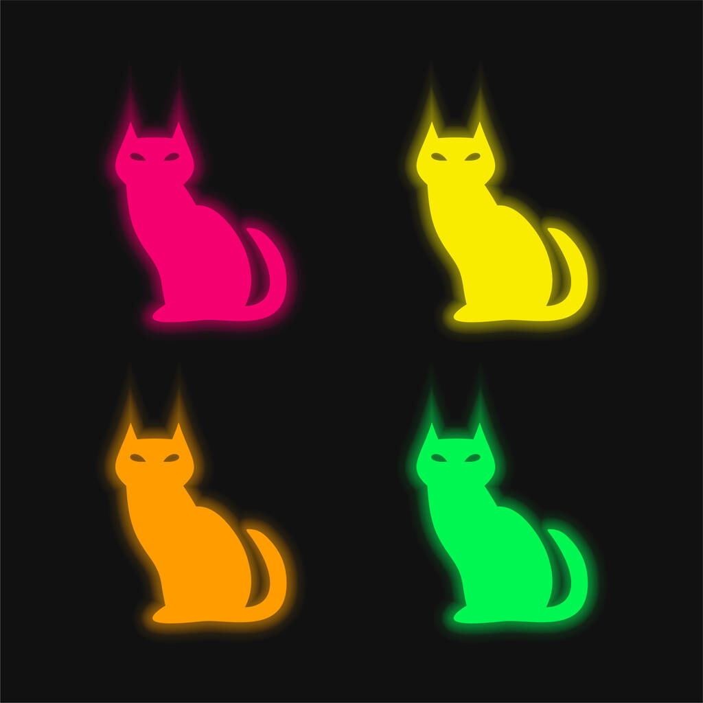 Černá zlá kočka čtyři barvy zářící neonový vektor ikona - Vektor, obrázek