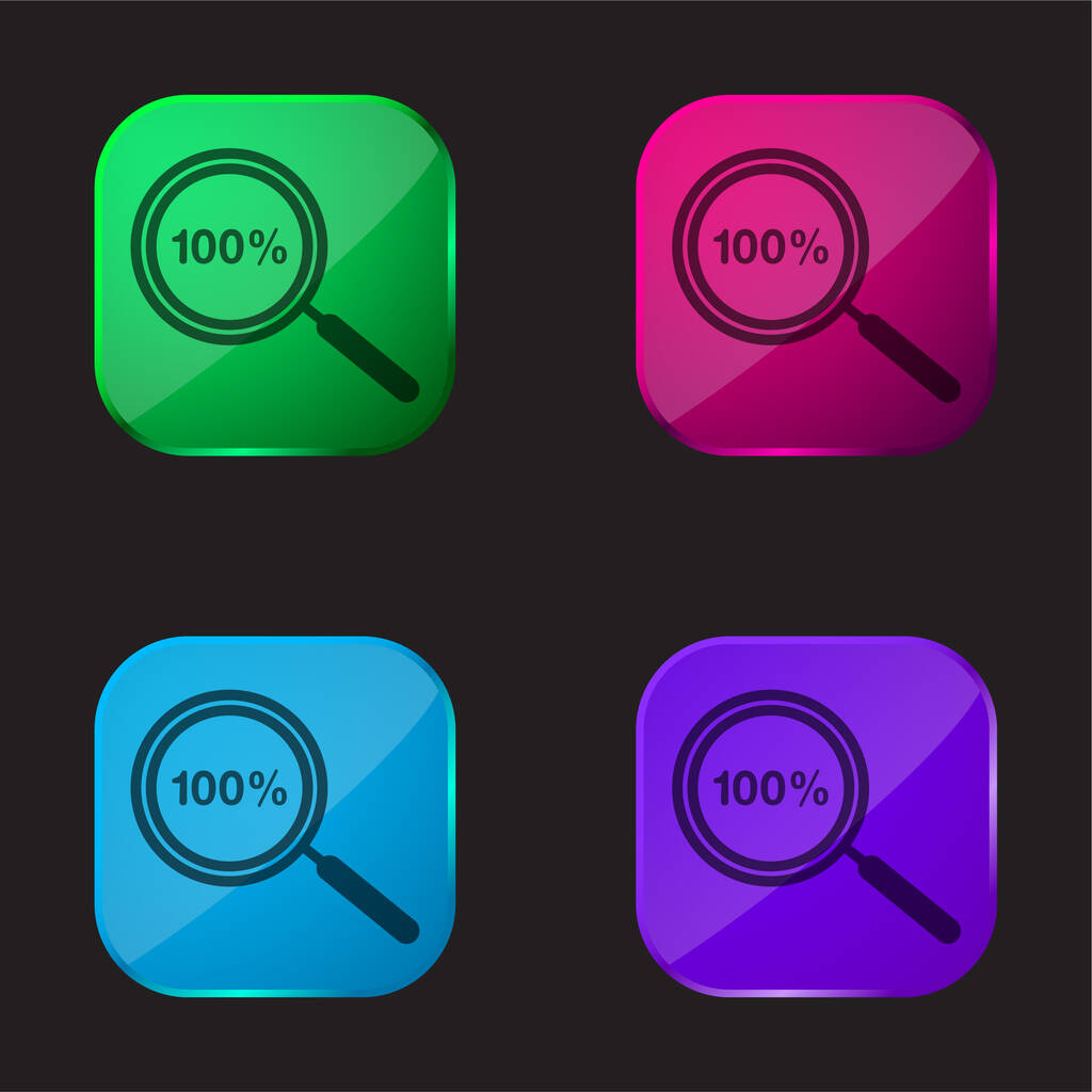 100 pour cent Zoom Symbole icône à quatre boutons en verre de couleur - Vecteur, image