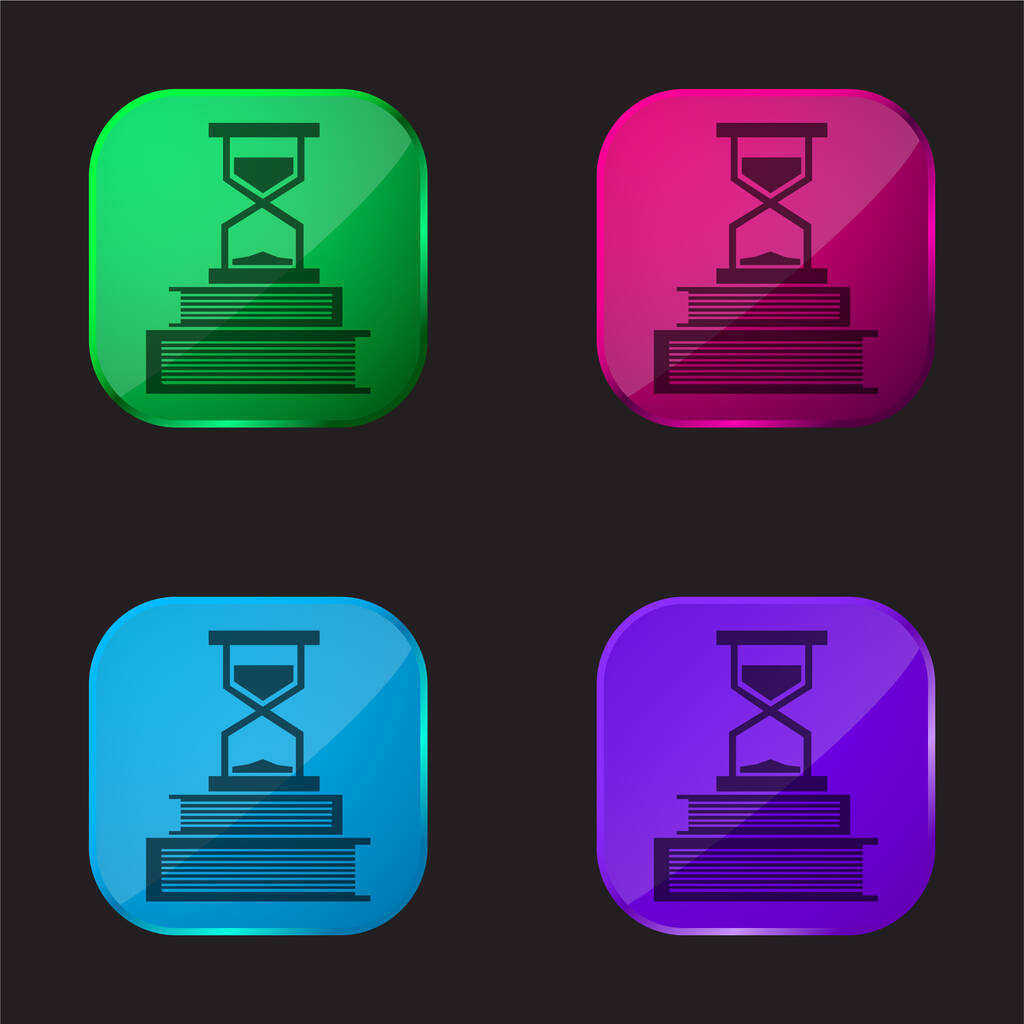 Livros e relógio de areia ícone de botão de vidro de quatro cores - Vetor, Imagem